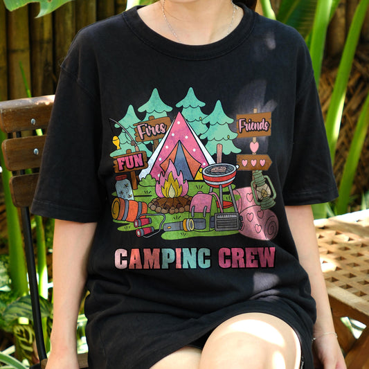 Camping Crew Shirt for Girls, Cute Tent Fire Lantern BBQ Camping T-Shirt, Friends Fun Camp Graphic Tee, Outdoors Summer Camp Shirt