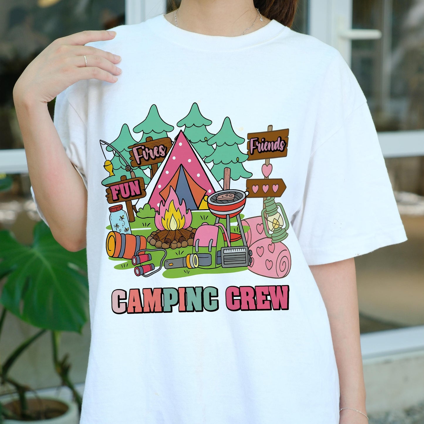 Camping Crew Shirt for Girls, Cute Tent Fire Lantern BBQ Camping T-Shirt, Friends Fun Camp Graphic Tee, Outdoors Summer Camp Shirt