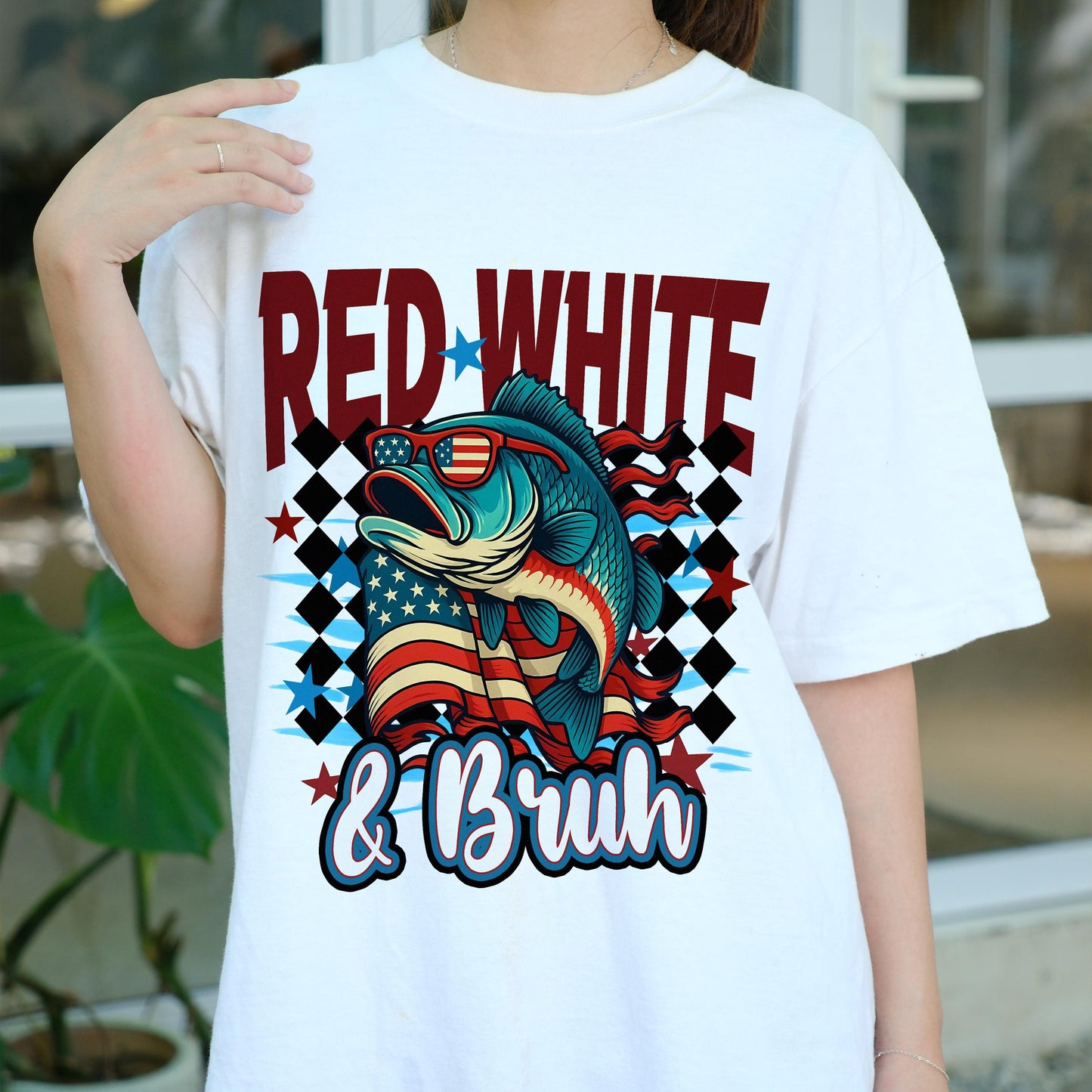 Red White & Bruh Fishing Shirt, 4th of July Patriotic Bass Tee, American Flag Sunglasses Fish Shirt, Funny USA Independence Day Gift