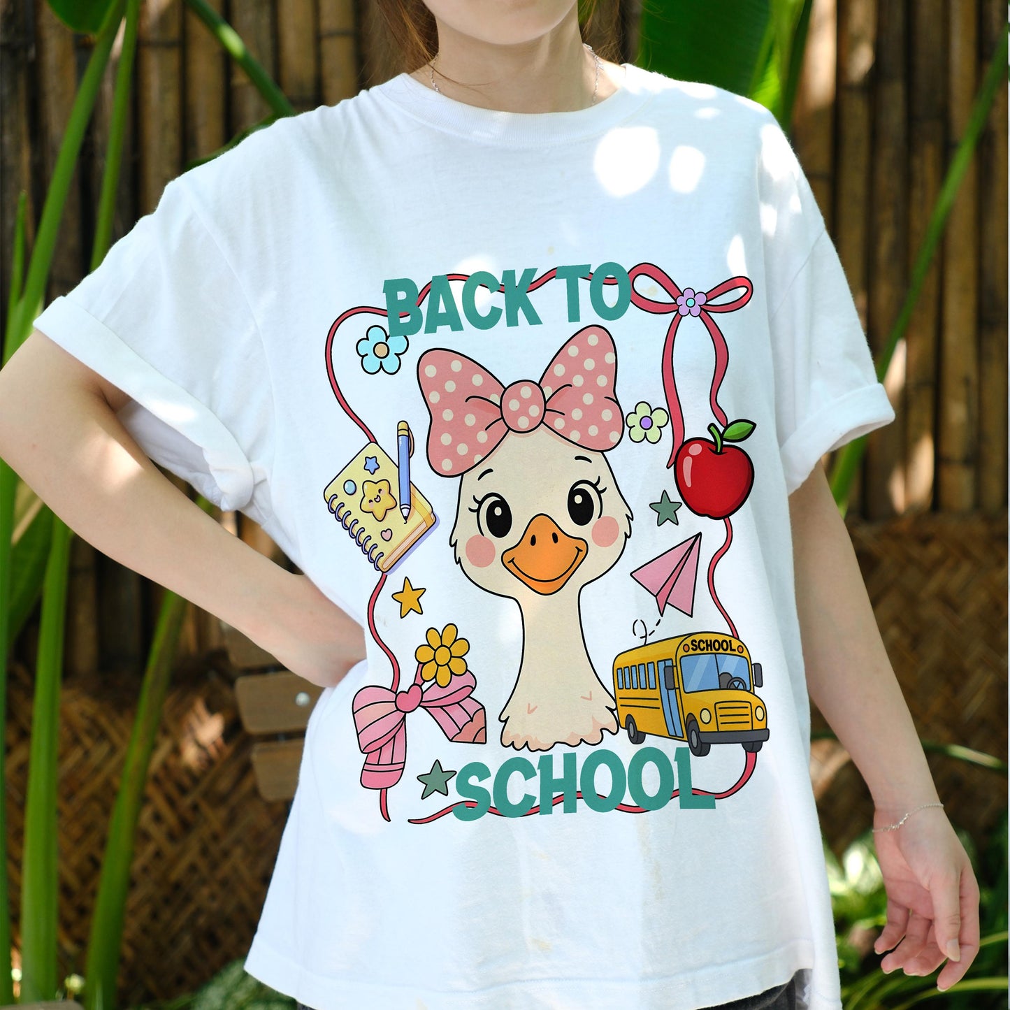 Cute Back to School Duck Shirt, Kawaii Pink Bow Goose Tee for Girls, Teacher Student First Day Shirt, Kids School Bus Graphic T-shirt