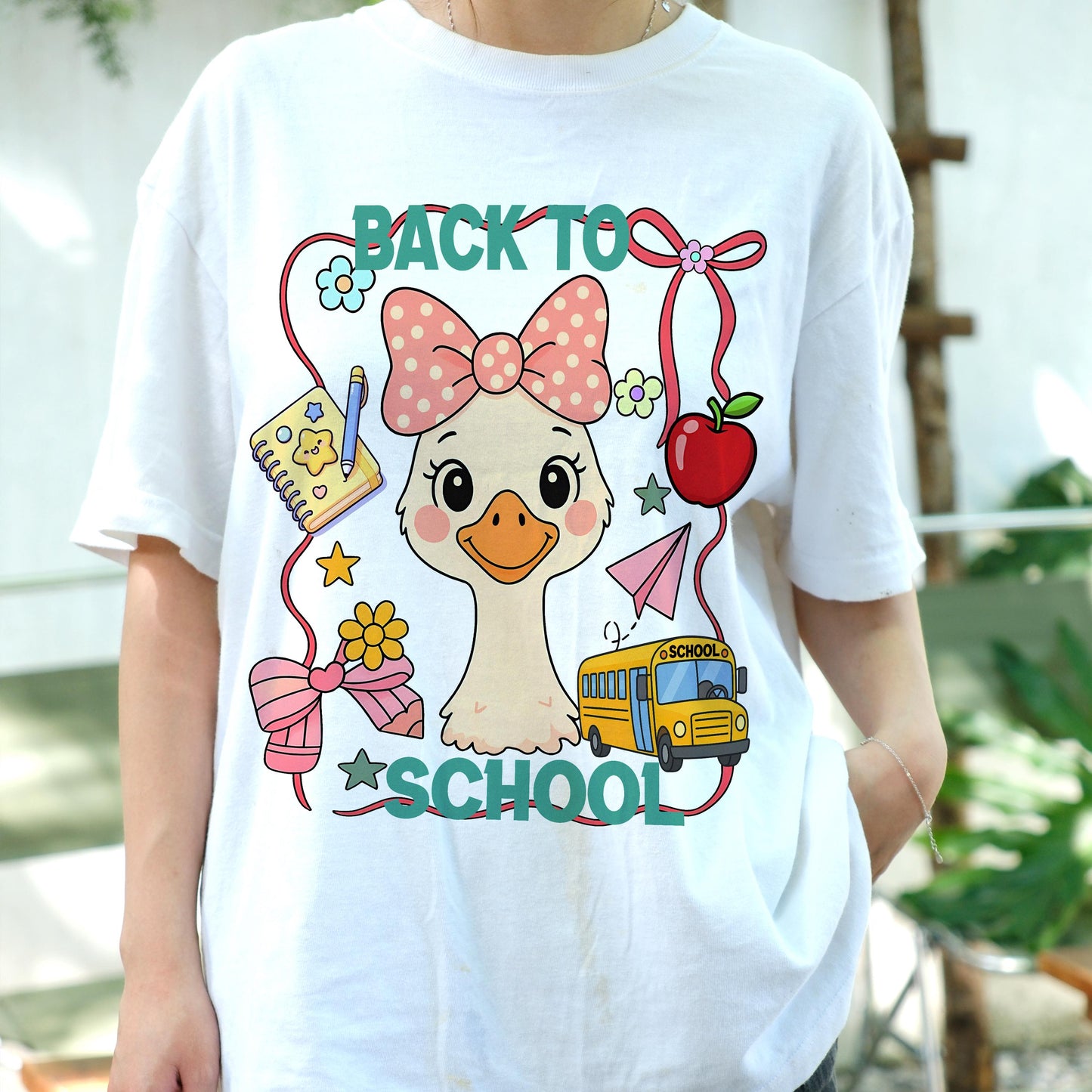 Cute Back to School Duck Shirt, Kawaii Pink Bow Goose Tee for Girls, Teacher Student First Day Shirt, Kids School Bus Graphic T-shirt