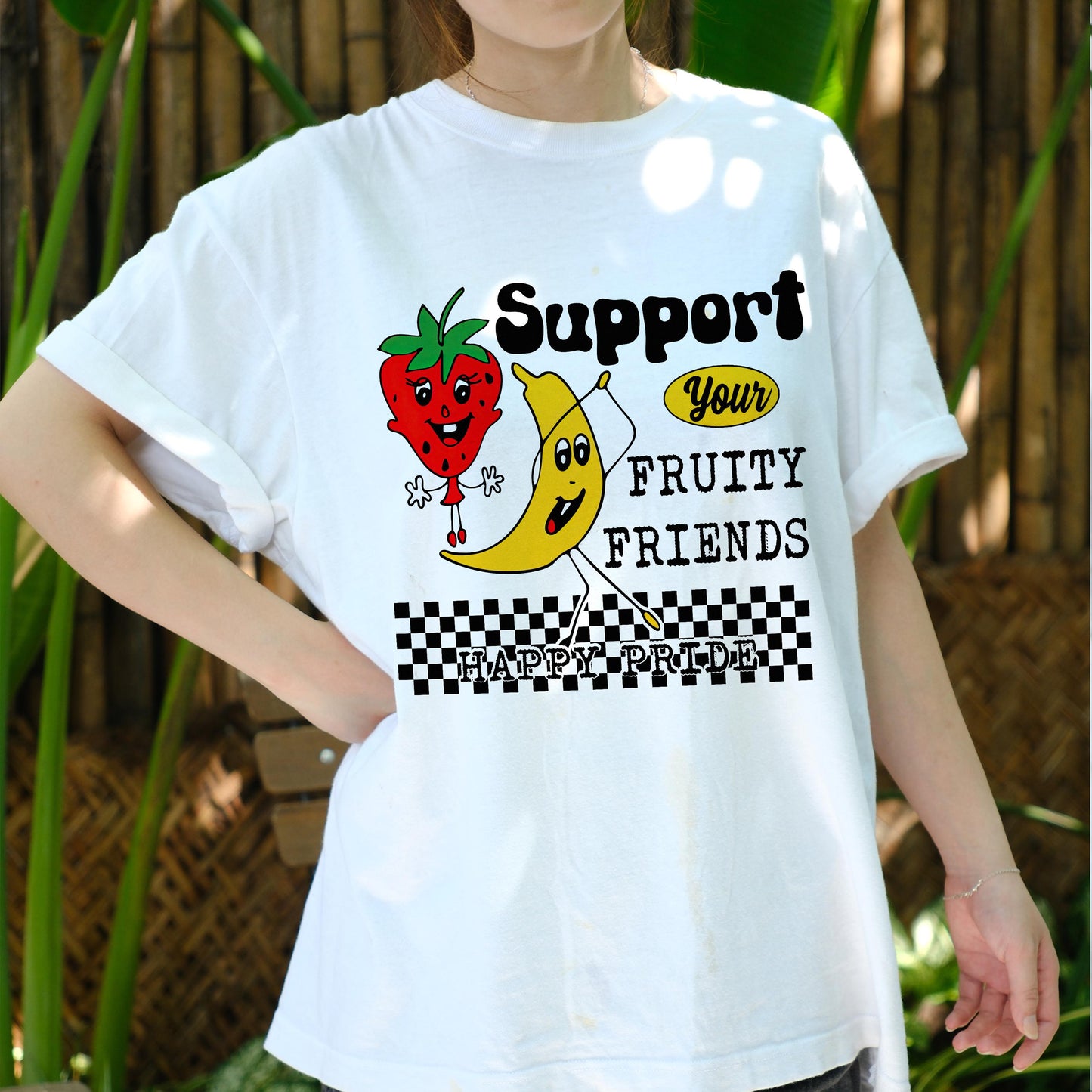 Support Fruity Friends Shirt, Funny LGBTQ Pride Strawberry Banana Tee, Retro Happy Pride T-Shirt, Cute Queer Pride Parade Gift