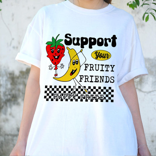 Support Fruity Friends Shirt, Funny LGBTQ Pride Strawberry Banana Tee, Retro Happy Pride T-Shirt, Cute Queer Pride Parade Gift