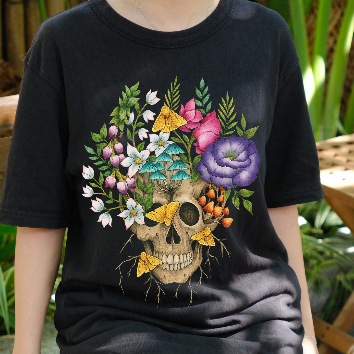 Floral Skull Shirt, Gothic Botanical Skull T-Shirt, Vintage Flowers and Mushrooms Tee, Dark Aesthetic Boho Nature Art Gift Tee