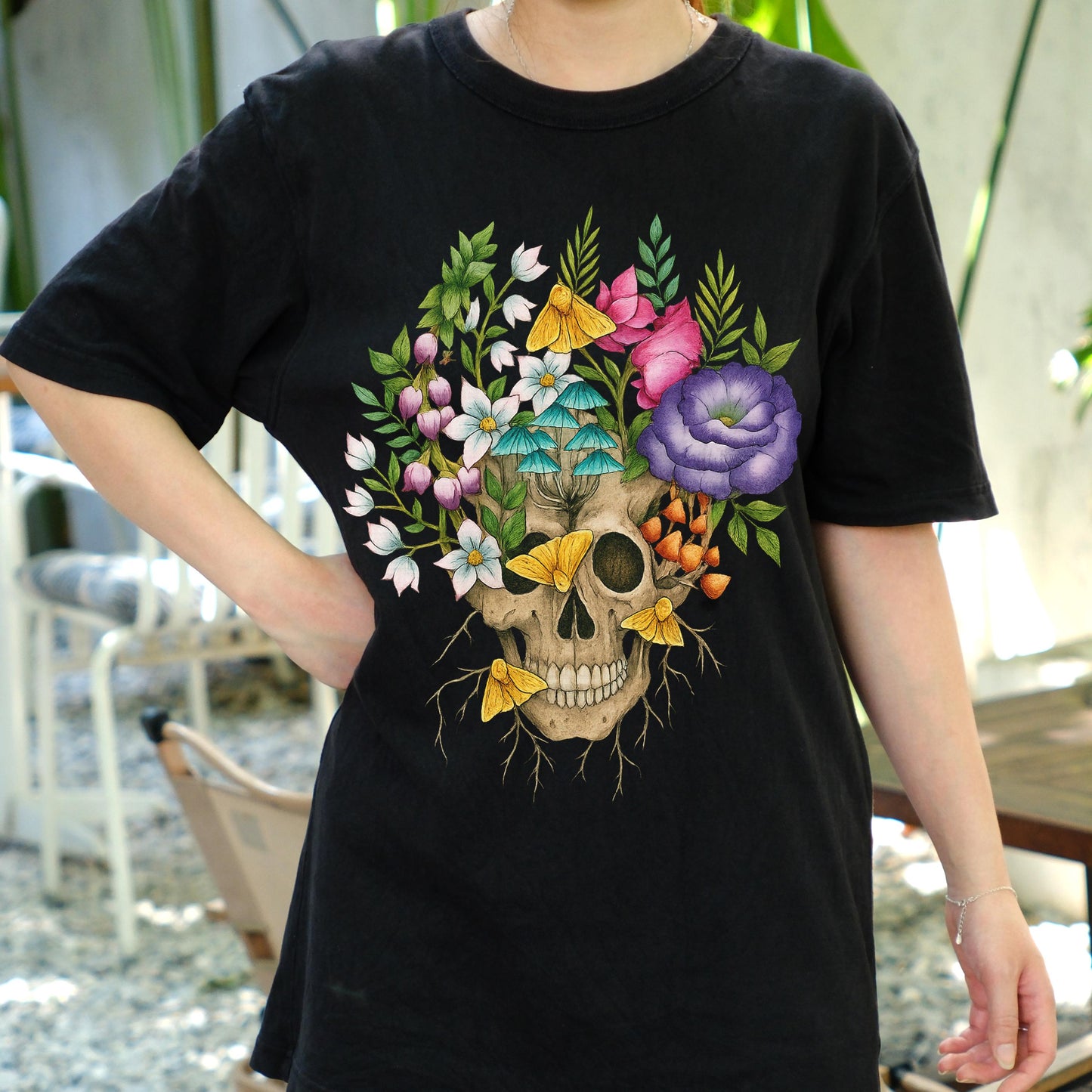 Floral Skull Shirt, Gothic Botanical Skull T-Shirt, Vintage Flowers and Mushrooms Tee, Dark Aesthetic Boho Nature Art Gift Tee