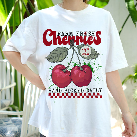 Farm Fresh Cherries Shirt, Juicy Sweet Fruit Tee, Hand Picked Daily Retro Graphic T-Shirt, Summer Farmers Market Vintage Aesthetic Tee