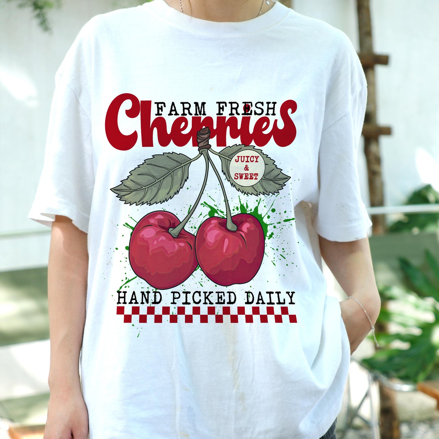 Farm Fresh Cherries Shirt, Juicy Sweet Fruit Tee, Hand Picked Daily Retro Graphic T-Shirt, Summer Farmers Market Vintage Aesthetic Tee