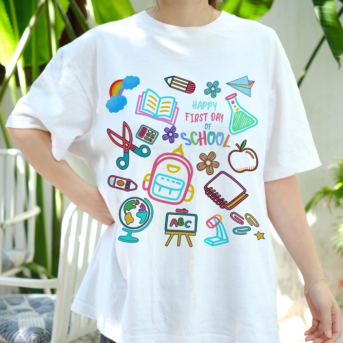 Happy First Day of School Shirt, Back to School Tee with Cute School Supplies Graphic, Teacher Student Gift, Kids Classroom T-Shirt