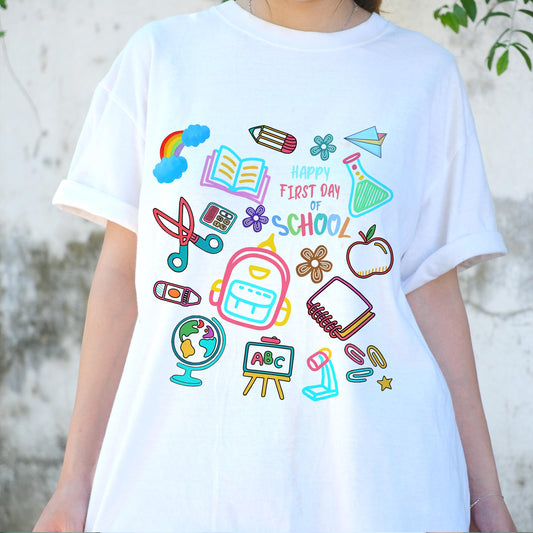 Happy First Day of School Shirt, Back to School Tee with Cute School Supplies Graphic, Teacher Student Gift, Kids Classroom T-Shirt