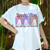 Spooky Vibes Ghost Shirt, Cute Halloween T-Shirt for Women, Retro Girly Ghost Tee, Fall Aesthetic Shirt, Funny Halloween Outfit