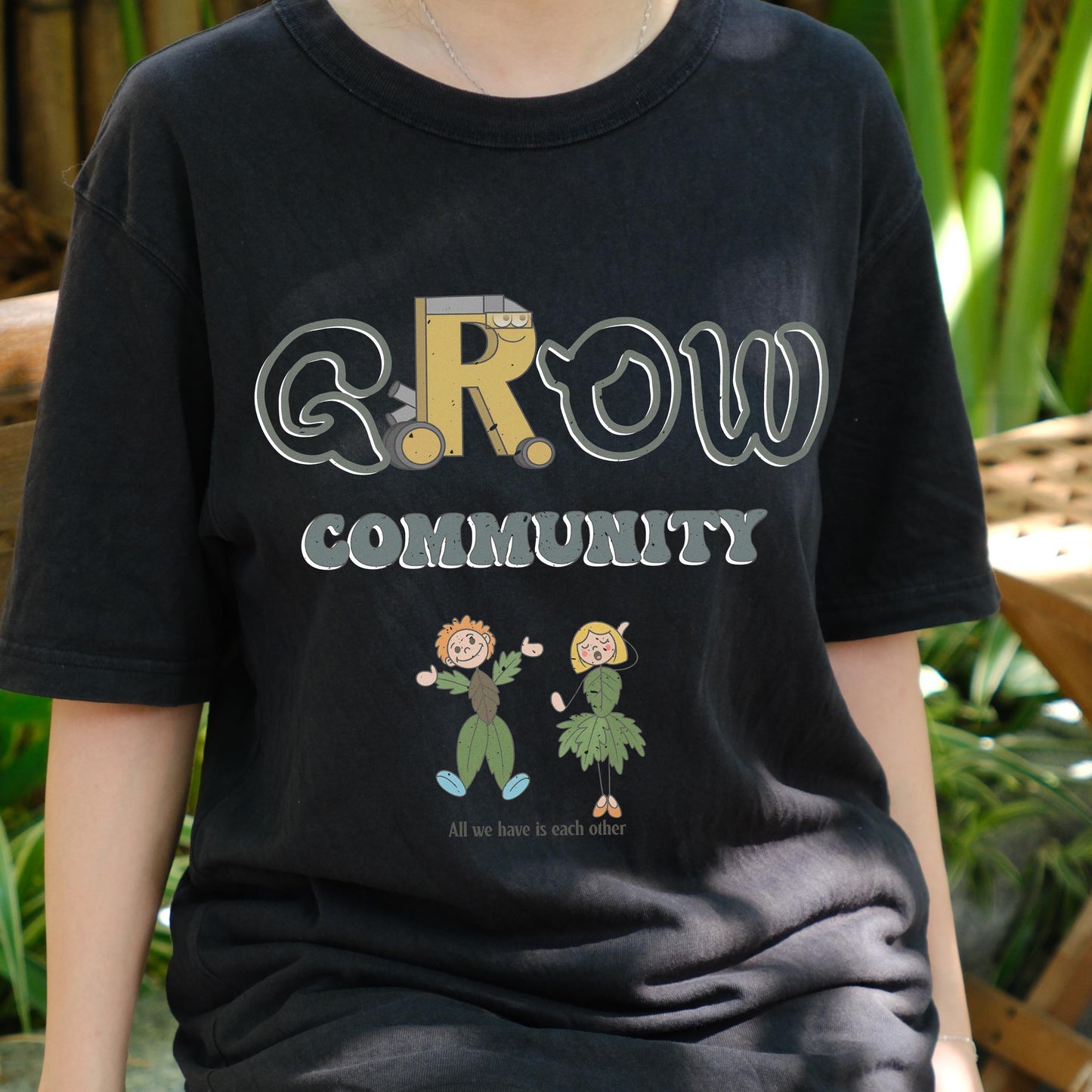 GROW Community Shirt, Cute Eco Friendly Graphic Tee, Nature Lovers T-Shirt, Sustainable Living Message Shirt, Plant People Cartoon Tee