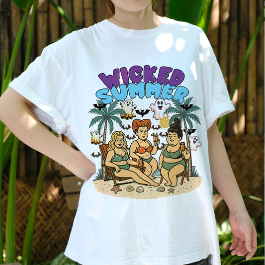 Wicked Summer Shirt, Funny Halloween Beach Tee, Plus Size Witchy Swimsuit Shirt, Spooky Cute Summer T-Shirt, Retro Witch Friends Tee