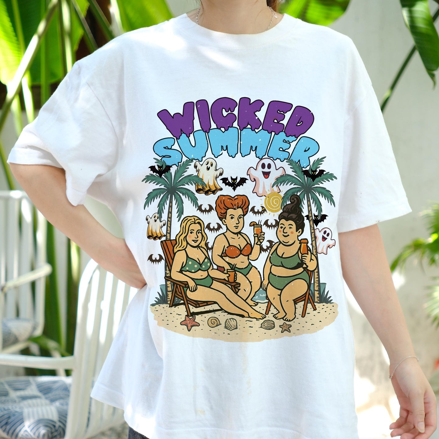 Wicked Summer Shirt, Funny Halloween Beach Tee, Plus Size Witchy Swimsuit Shirt, Spooky Cute Summer T-Shirt, Retro Witch Friends Tee