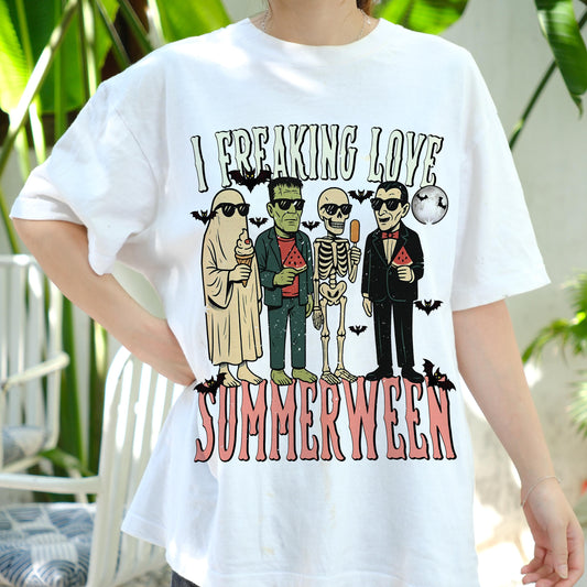I Freaking Love Summerween Shirt, Funny Halloween Summer Tee, Spooky Monster Beach Shirt, Retro Skeleton Ice Cream T-Shirt, Fallween Vibe