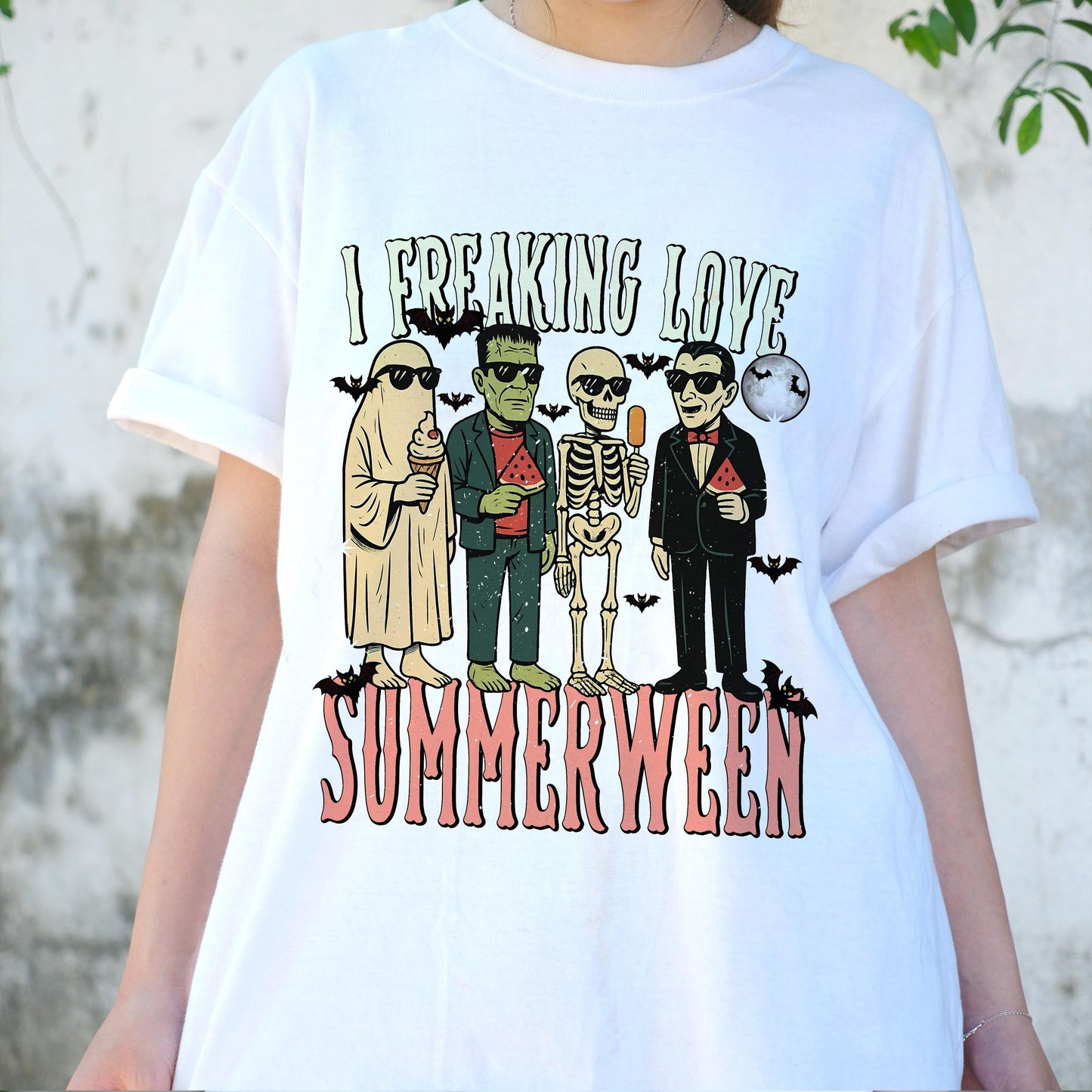 I Freaking Love Summerween Shirt, Funny Halloween Summer Tee, Spooky Monster Beach Shirt, Retro Skeleton Ice Cream T-Shirt, Fallween Vibe