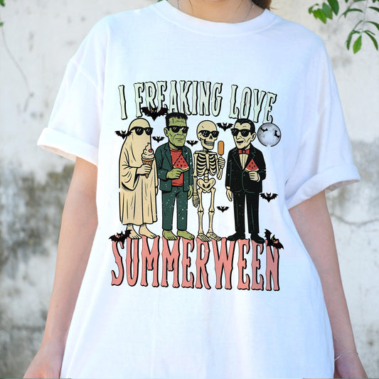 I Freaking Love Summerween Shirt, Funny Halloween Summer Tee, Spooky Monster Beach Shirt, Retro Skeleton Ice Cream T-Shirt, Fallween Vibe