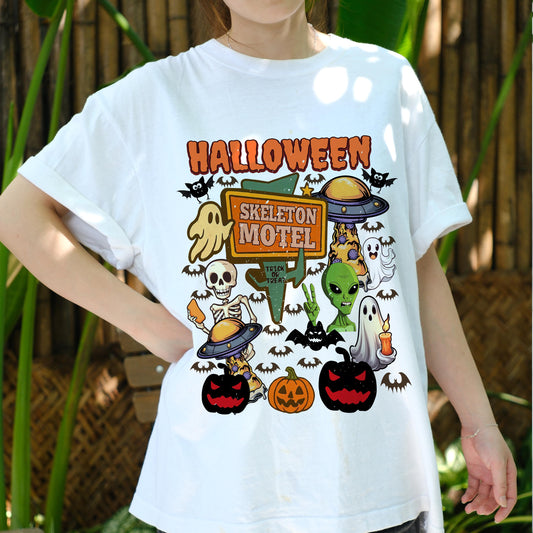 Skeleton Motel Halloween Shirt, Retro Spooky Alien Ghost Tee, Trick or Treat Motel Sign Shirt, Funny Vintage Halloween T-Shirt, UFO Horror