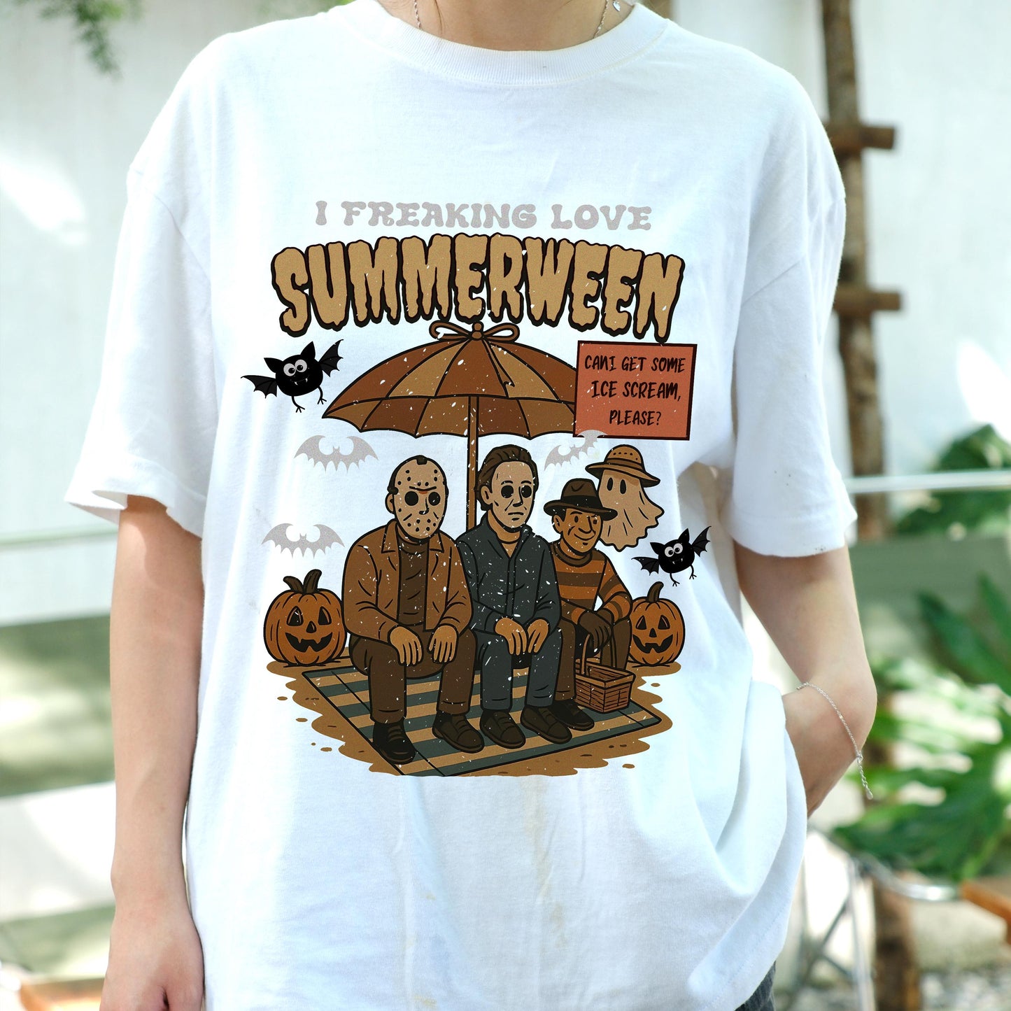 I Freaking Love Summerween Shirt, Funny Horror Character Tee, Halloween in Summer T-Shirt, Retro Slasher Ice Cream Shirt, Spooky Beach Tee