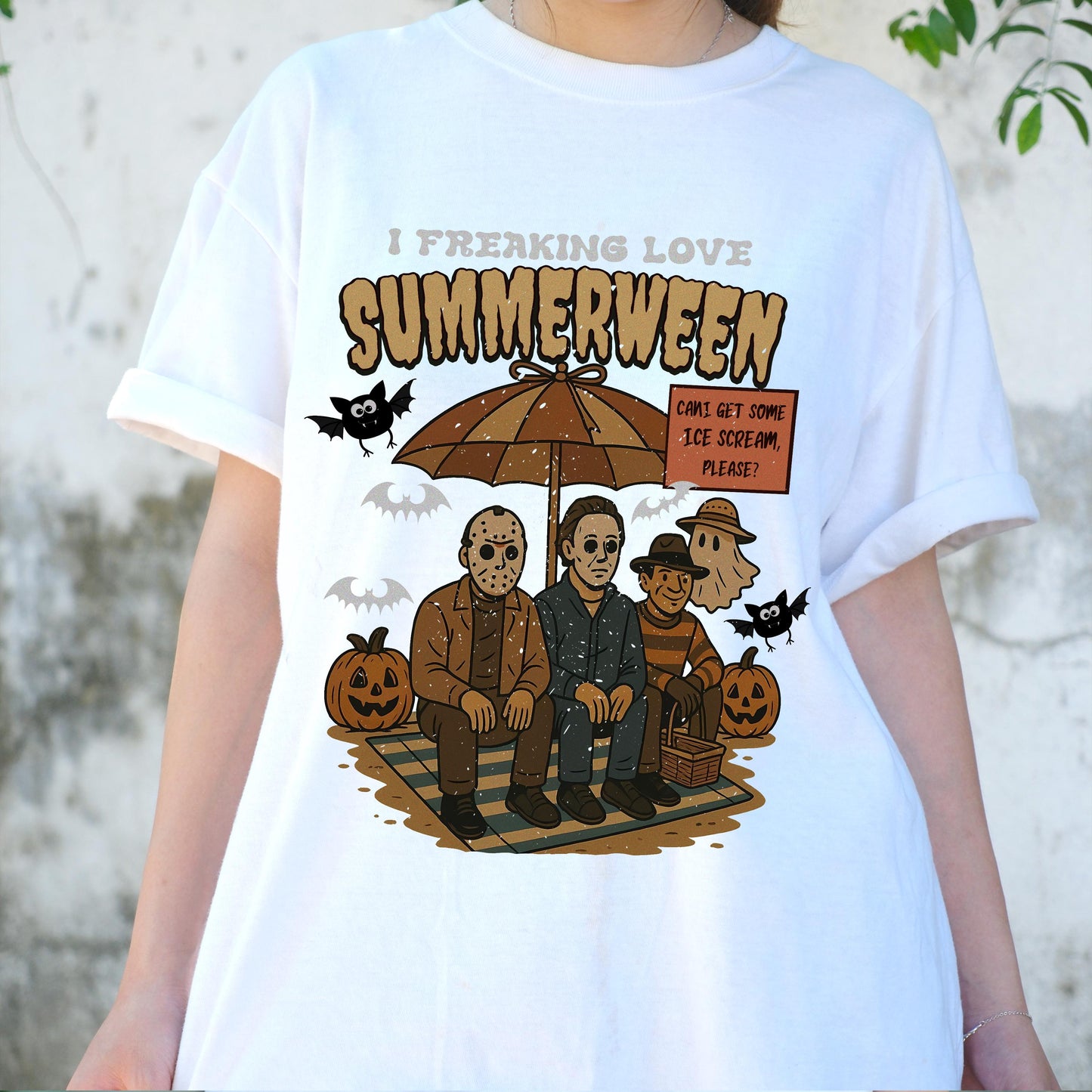 I Freaking Love Summerween Shirt, Funny Horror Character Tee, Halloween in Summer T-Shirt, Retro Slasher Ice Cream Shirt, Spooky Beach Tee
