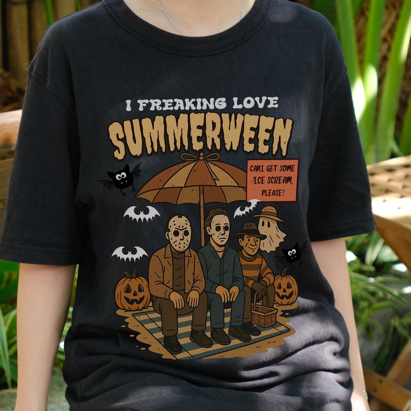 I Freaking Love Summerween Shirt, Funny Horror Character Tee, Halloween in Summer T-Shirt, Retro Slasher Ice Cream Shirt, Spooky Beach Tee