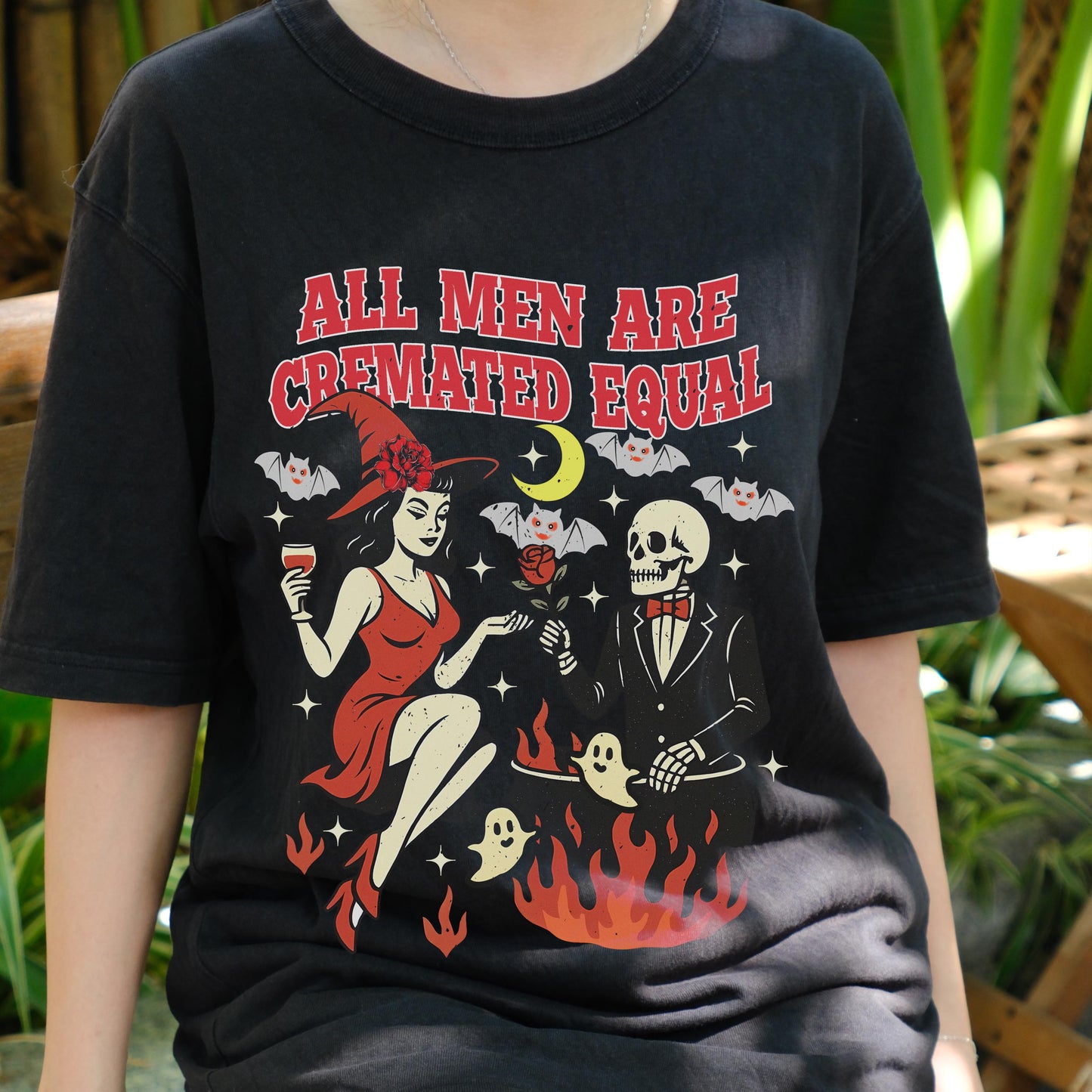 All Men Are Cremated Equal Shirt, Witchy Feminist Dark Humor Tee, Halloween Retro Skeleton T-Shirt, Funny Spooky Girl Power Graphic Tee