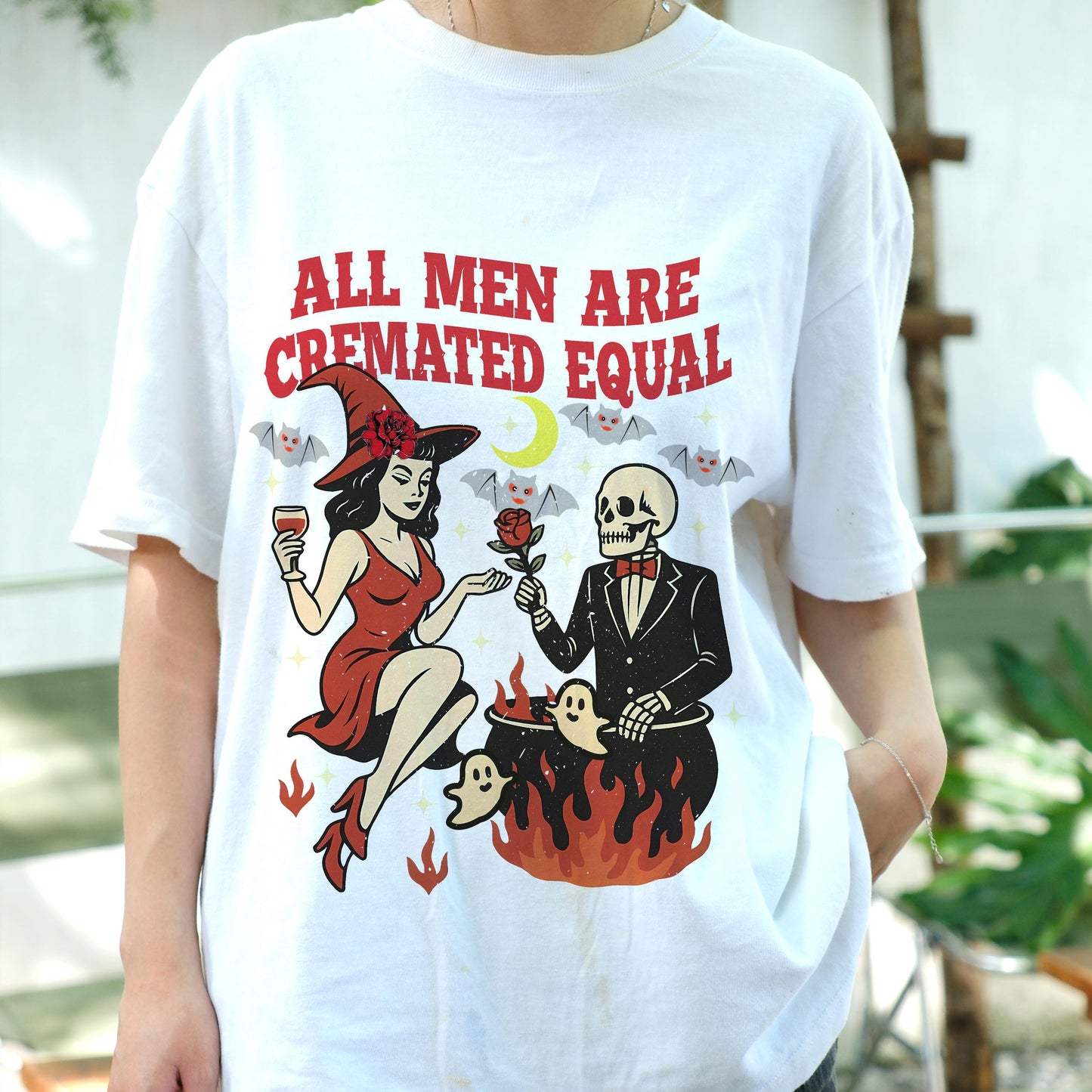 All Men Are Cremated Equal Shirt, Witchy Feminist Dark Humor Tee, Halloween Retro Skeleton T-Shirt, Funny Spooky Girl Power Graphic Tee
