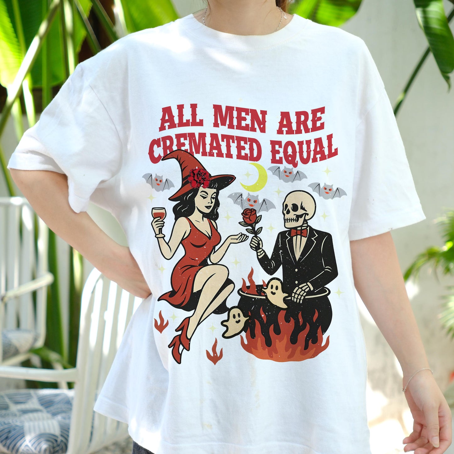 All Men Are Cremated Equal Shirt, Witchy Feminist Dark Humor Tee, Halloween Retro Skeleton T-Shirt, Funny Spooky Girl Power Graphic Tee