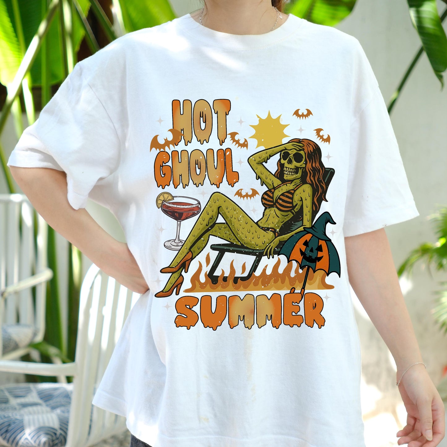 Hot Ghoul Summer Shirt, Spooky Babe Halloween Beach Tee, Funny Sexy Ghoul Graphic T-Shirt, Retro Skeleton Girl Summerween Vibes Top
