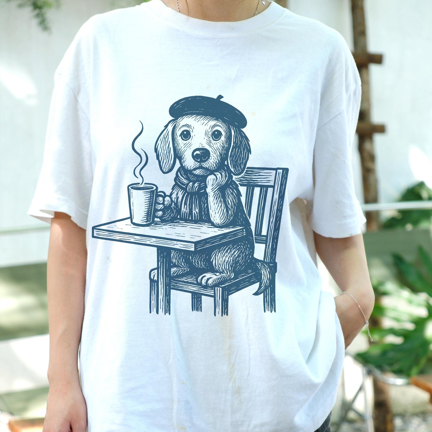 French Artist Dog Shirt, Cute Coffee Lover Tee, Beret Puppy Graphic T-Shirt, Retro Café Dog Art Top, Funny Dog Lover Gift for Women Men