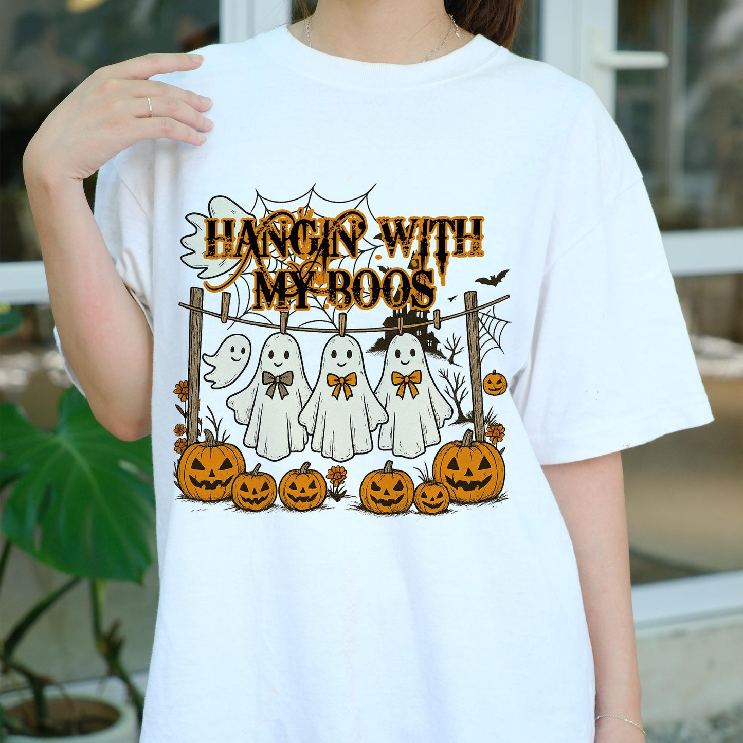 Hangin' With My Boos Shirt, Cute Ghost Friends Halloween Tee, Funny Spooky Season T-Shirt, Pumpkin Ghost Group Top, Fall Party Outfit