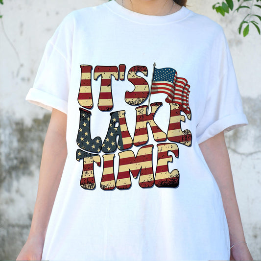 It’s Lake Time Shirt, Patriotic American Flag Lake Tee, Summer Lake Life Graphic T-Shirt, 4th of July Boating Top, Retro USA Vacation Tee