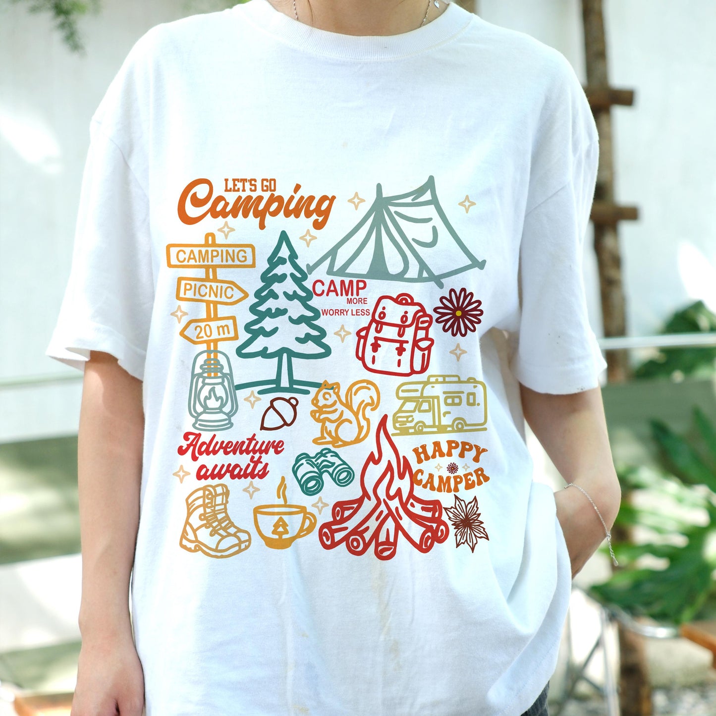 Let’s Go Camping Shirt, Adventure Awaits Tee, Happy Camper T-Shirt, Outdoor Hiking Top, RV Camper Gift, Camping Graphic Tee