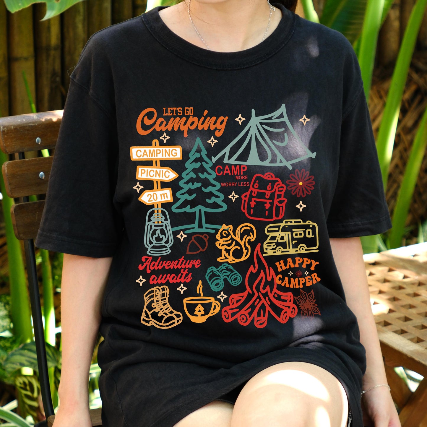 Let’s Go Camping Shirt, Adventure Awaits Tee, Happy Camper T-Shirt, Outdoor Hiking Top, RV Camper Gift, Camping Graphic Tee