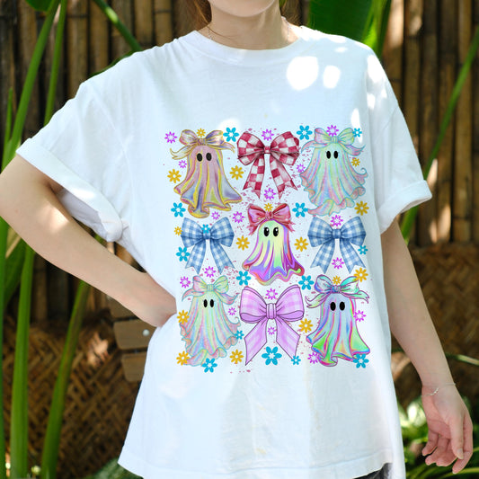 Kawaii Ghost Shirt, Cute Pastel Halloween T-Shirt, Colorful Bow Ghosts Tee, Spooky Cute Aesthetic, Girly Halloween Top
