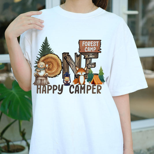 One Happy Camper Birthday Shirt, Forest Camping Theme Tee, Woodland Animal 1st Birthday Outfit, Camping Party Gift