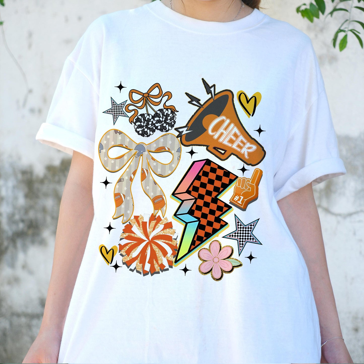 Retro Cheerleading Shirt, Cheer Squad Tee, Cheerleader Graphic T-Shirt, Game Day Spirit Wear, Pom Pom Bow Megaphone Top