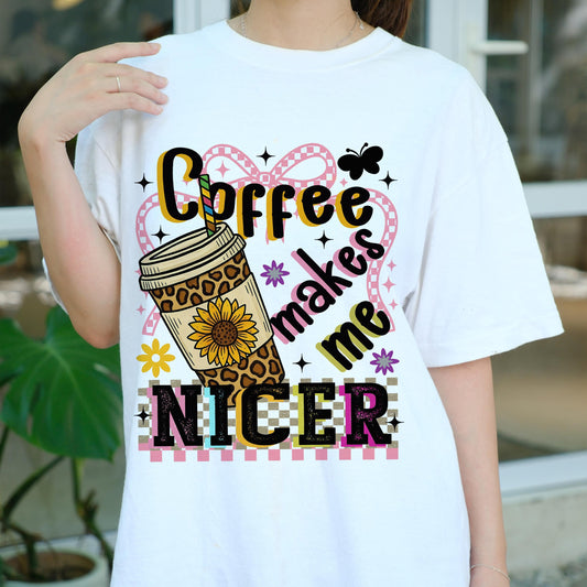 Coffee Makes Me Nicer Shirt, Funny Coffee Lover Tee, Sunflower Leopard Print Shirt, Cute Barista Graphic T-Shirt, Caffeine Tee
