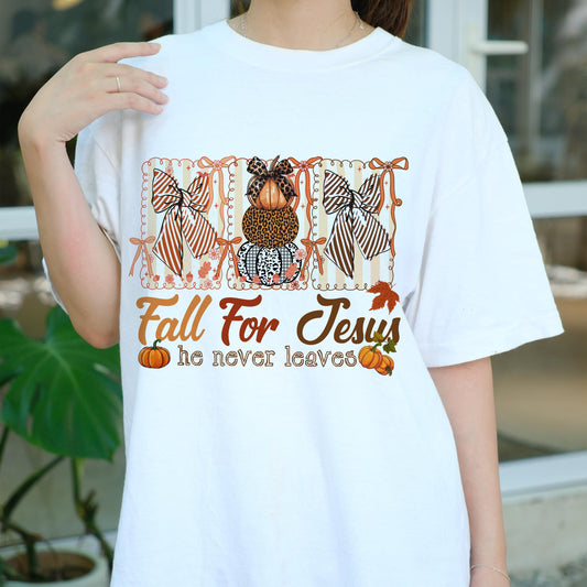 Fall For Jesus Shirt, Christian Pumpkin Tee, Faith Autumn T-Shirt, Religious Fall Graphic Tee, He Never Leaves, Church Outfit