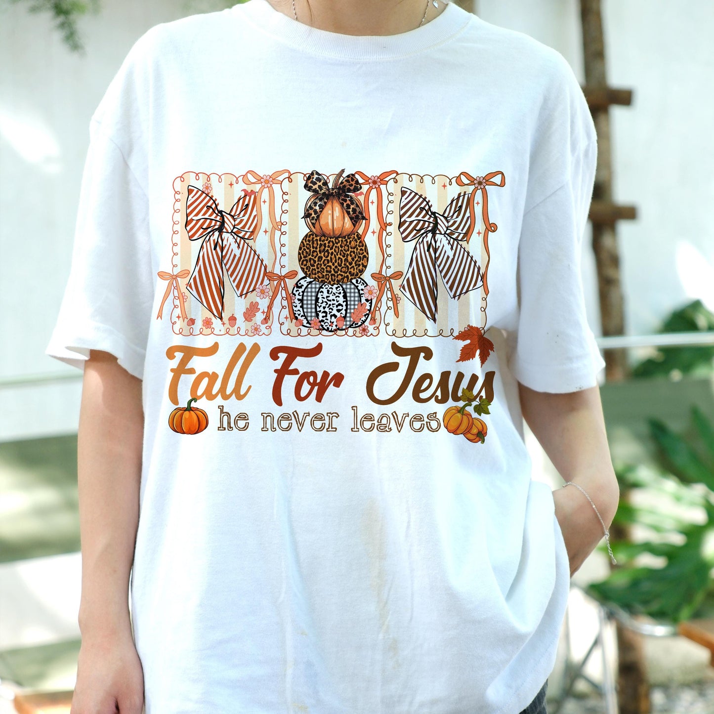 Fall For Jesus Shirt, Christian Pumpkin Tee, Faith Autumn T-Shirt, Religious Fall Graphic Tee, He Never Leaves, Church Outfit