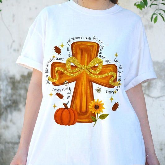 Fall For Jesus Shirt, He Never Leaves Tee, Christian Cross Pumpkin T-Shirt, Autumn Faith Top, Religious Fall Graphic Tee